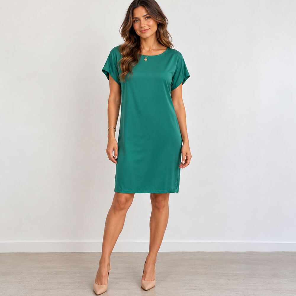 Theory Women's Size 10 Jade Green Satin Sheath Dress Cap Sleeve Minimalist Shift - Picture 1 of 10